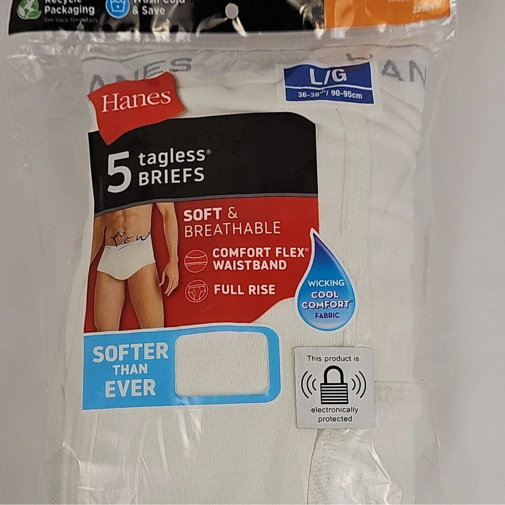 Hanes Men's Tagless Briefs Size L White 5 Pack ComfortFlex New in Package
